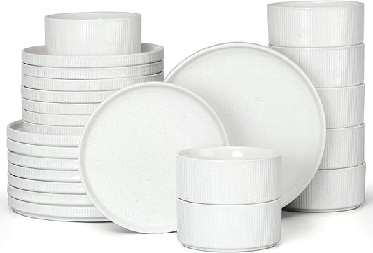 E-far 24-Piece Stoneware Dinnerware Sets, Plates and Bowls Sets for 8, Kitchen Modern Dinning Porcelain Dishes Set, Chip & Scratch Resistant, Dishwasher & Microwave Safe, Speckled White