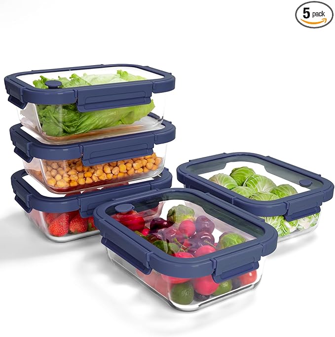 5-Pack Borosilicate Glass Containers with Tempered Lids, 35.2oz/4.4 Cup Airtight Meal Prep Set, Microwave/Freezer Safe (Blue)