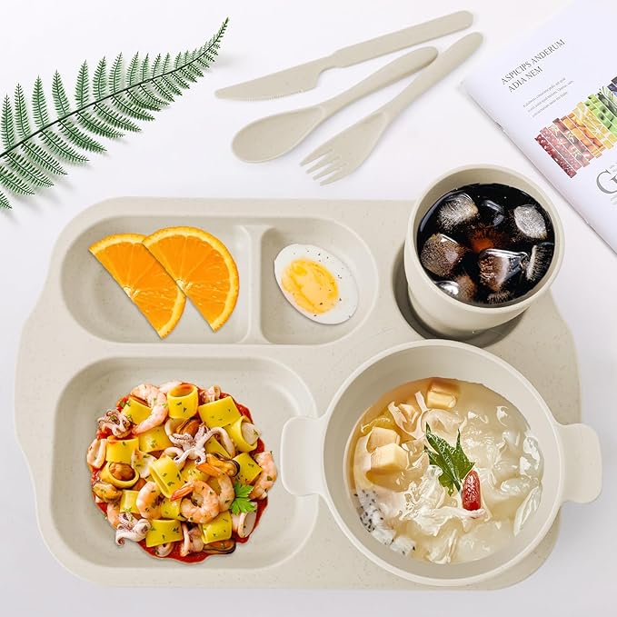 24 Pcs Wheat Straw Dinnerware Cutlery Set, Unbreakable Tableware Set, wheat straw dinnerware sets, Bowls, Cup, Cutlery Spoons Knifes Forks, BPA Free, Microwave Dishwasher Safe (Beige)