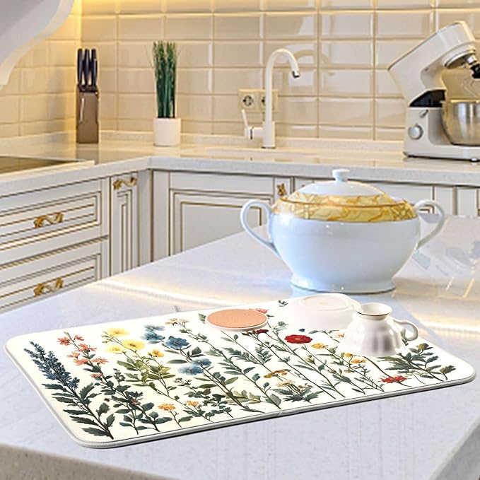 Vintage Plants and Colorful Flowers Dish Drying Mat for Kitchen Counter Super Absorbent Dishes Pad Reversible Microfiber Protector Dish Draining Mats 16x18 inch