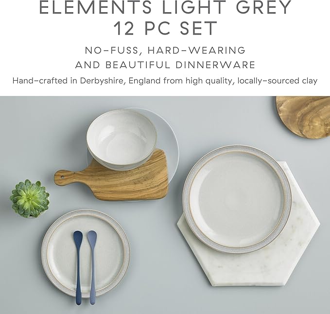 Denby - Elements Light Grey 12 Piece Dinner Set for 4 - Ceramic Tableware Plate & Bowl Set - Dishwasher Microwave Safe Crockery - 4 x Dinner Plates, Small Plates, Cereal Bowls - Chip & Crack Resistant