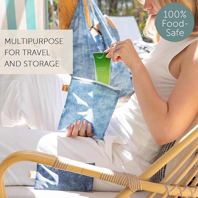 Roamio Reusable Sandwich and Snack Bags, for Kids School Lunch and for Adults Portion, Washable Fabric, Waterproof Cloth Zip Bag, Pack Travel Pouch, Food-Safe Storage, Large 2-pk Faux Denim