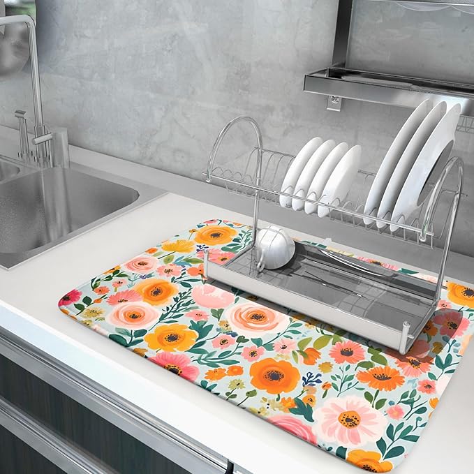 Watercolor Flower Dish Drying Mat - Pink Floral Drying Mat for Kitchen Counter 18 X 24 In
