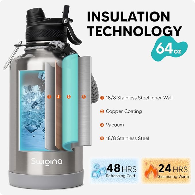 [2-IN-1 LID] 64 oz Insulated Water Bottle with Silicone Boot (48hrs Cold/24hrs Hot) - DIY Stickers, Leakproof, BPA Free, Half Gallon