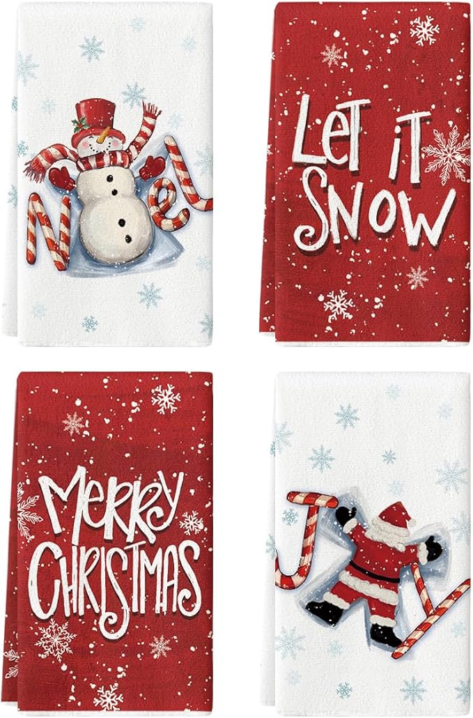 Artoid Mode Snowman Merry Christmas Kitchen Towels Dish Towels, 18x26 Inch Farmhouse Holiday Joy Snowflake Winter Decoration Cleaning Set of 4