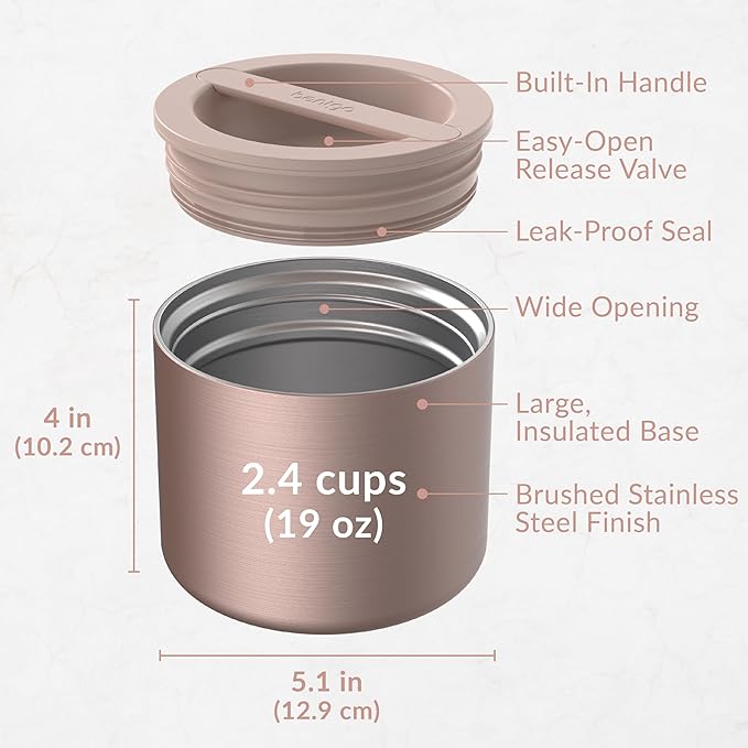 Bentgo Stainless Insulated Food Container - 2.4 Cups (19 oz), Triple-Layer Insulation, Vacuum Seal, Leak-Proof, Built-In Handle, Wide Opening, Premium Stainless Steel, for Cool/Warm Foods (Rose Gold)