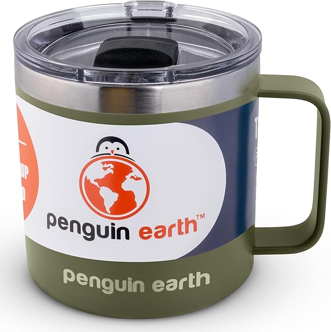 14 oz. Camping Mug with Lid, Coffee Mug. Travel Cup, Powder Coated, Vacuum Insulated, Stainless Steel, BPA Free. Travel Tumbler Cup, Dishwater safe (Green)