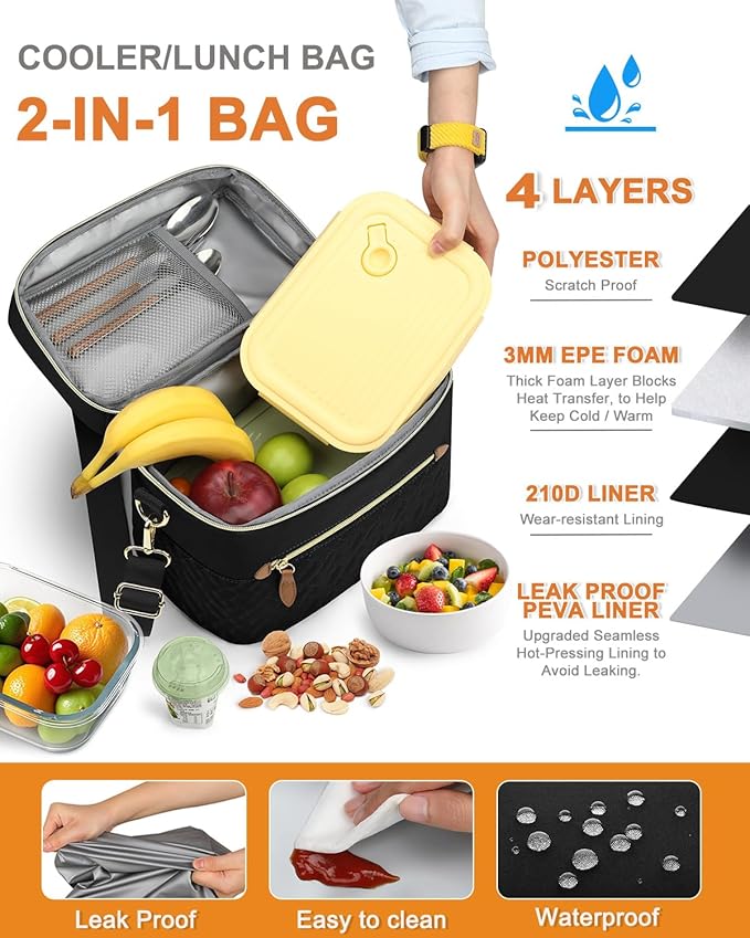 Capolo Lunch Box for Women Men Adults,Insulated Lunch Bag Leakproof Lunch Cooler Box with Removable Strap Cute Lunch Tote Bags Reusable Thermal Lunchbox for School Work Picnic(Small,Black)