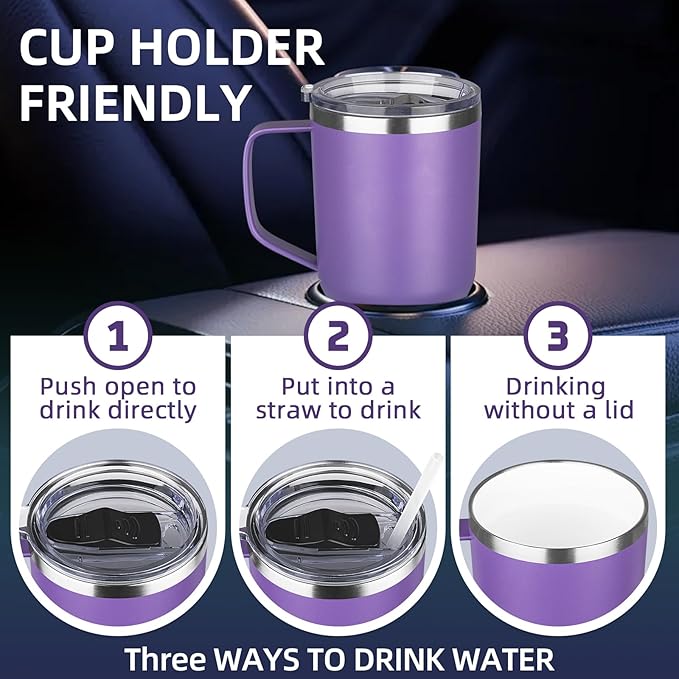 20 oz Insulated Coffee Mug with Ceramic Coating, Stainless Steel Travel Mug Tumbler with Handle Lid and Straw, Double Wall Leak-Proof Coffee Travel Mug Keeps Drink Hot and Cold (Purple)