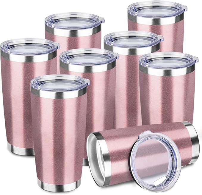 StarSpeed 20oz 8 pack Insulated Tumblers with Lid Stainless Steel Double Wall Tumbler Travel Coffee Cups Powder Coated Tapered Metal Thermal Mug Indoor Outdoor for Hot and Cold Drinks