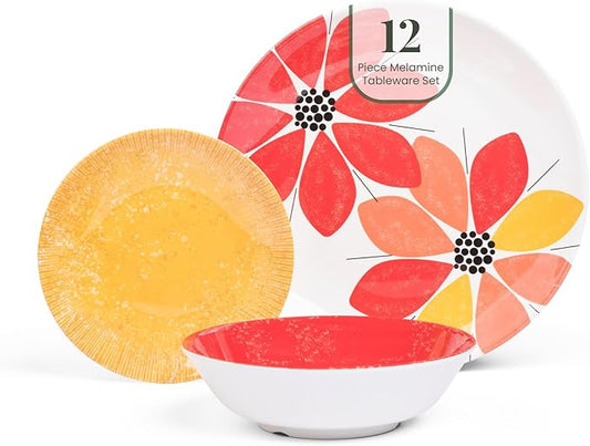 Larder & Vine 12-Piece Melamine Dinnerware Set: Durable, Lightweight, Break-Resistant Plates & Bowls – Stylish, Non-Toxic, Dishwasher Safe – Ideal for Everyday Use, Indoor & Outdoor Dining – Floral