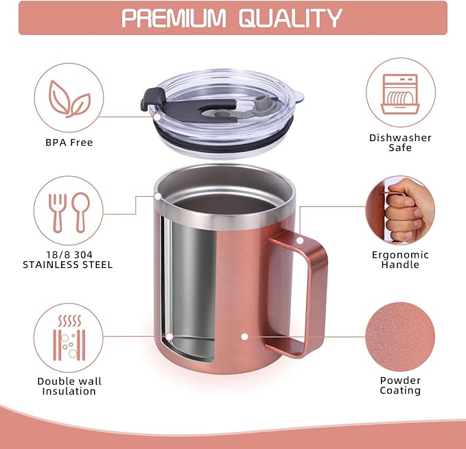 Volhoply 12oz Insulated Leakproof Coffee Mug with Flip & Straw Lid,Double Wall Vacuum Stainless Steel Travel Tumbler Cup with Handle,Reusable Camping Mugs Keep Cold/Hot(Rose Gold,1 Set)
