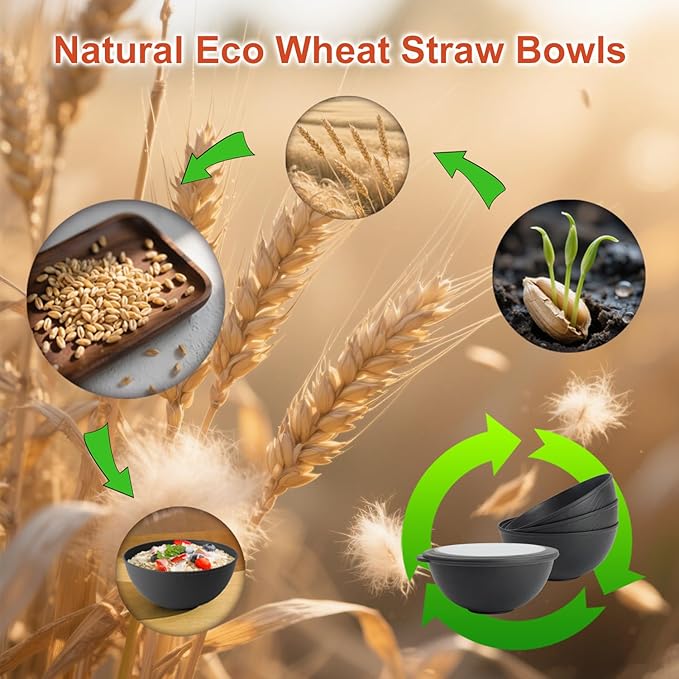 Wrova 40oz wheat straw bowls set of 4,unbreakable ramen bowl set with cover,alternative plastic bowls with cover for kitchen,party,camping and picnic. Black
