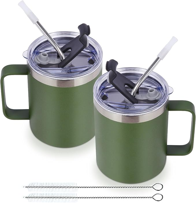Volhoply 12oz Insulated Leakproof Coffee Mug with Flip&Straw Lid Bulk 2 Pack,Double Wall Vacuum Stainless Steel Travel Tumbler Cup with Handle,Reusable Camping Mugs Keep Cold/Hot(Army Green,2 Set)