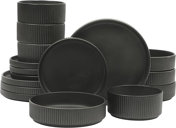 Gibson Elite Deerfield 16-Piece Stoneware Dinnerware Set – Matte Black Reactive Glaze Plates and Bowls, Stackable, Modern Design, Service for 4 – Microwave & Dishwasher Safe