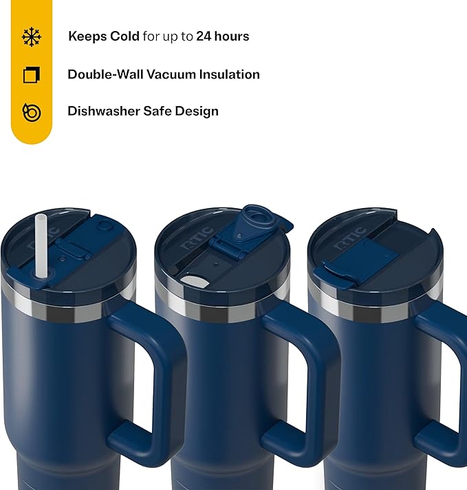 RTIC 30 oz Road Trip Tumbler Double-Walled Ceramic Lined InsulatedStainless Steel Portable Travel Coffee Mug Cup with Lid, Handle and Straw, Navy