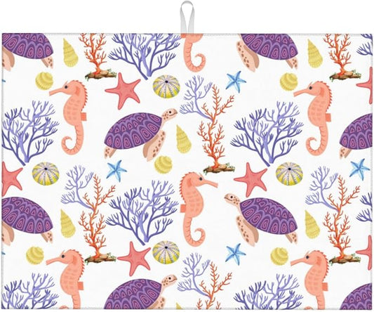 Purple Beach Sea Turtle Dish Drying Mat 18x24 For Kitchen Counter Absorbent Microfiber Dishes Pad Dish Drainer Rack Mats Fast Dry Kitchen Accessories