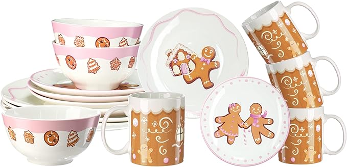 16 Pcs Pink Gingerbread Man Christmas Dishes Dinnerware Set for 4 Guest Holiday Dinner Plate Ceramic Pastel Christmas Salad Plate Gingerbread House Bowl Mug Xmas Gift Holiday Party Kitchen Decoration