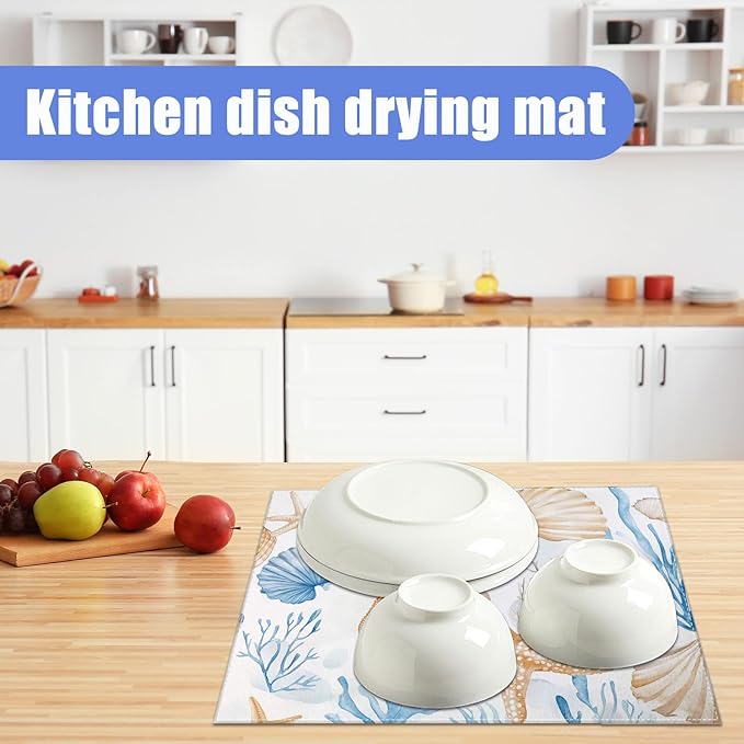 Beach Seashell Starfish Dish Drying Mat for Kitchen Counter Nautical Coastal Drying Pad Absorbent Reversible Dish Drainer Rack Mats Draining Pad