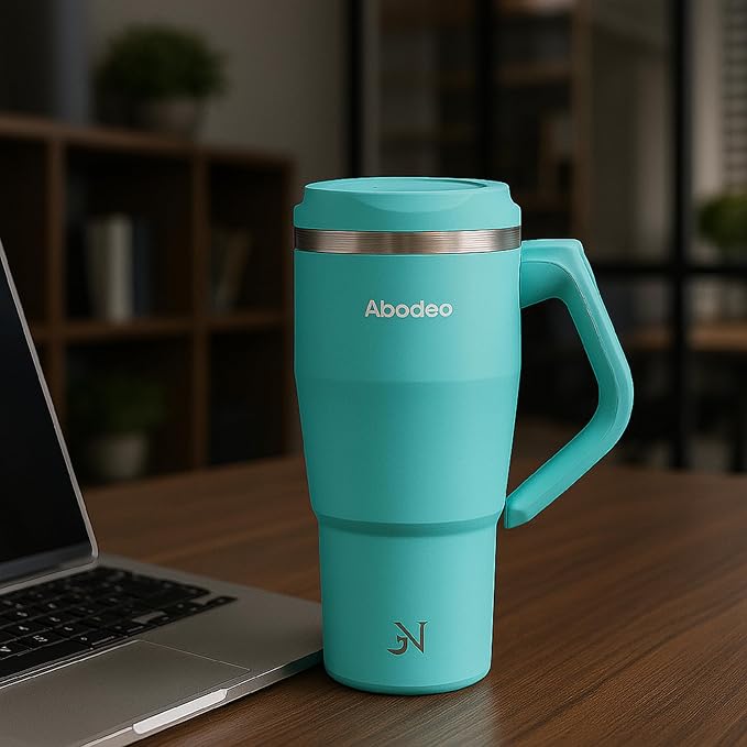 Stainless Steel 40 oz Tumbler with Rotatable Handle, Leak Proof Lid & Straw - Insulated Water Flask, Reusable Spill Proof Tumbler | Travel Coffee Mug - Fits Car Cup Holders (Fresh Mint Blue)