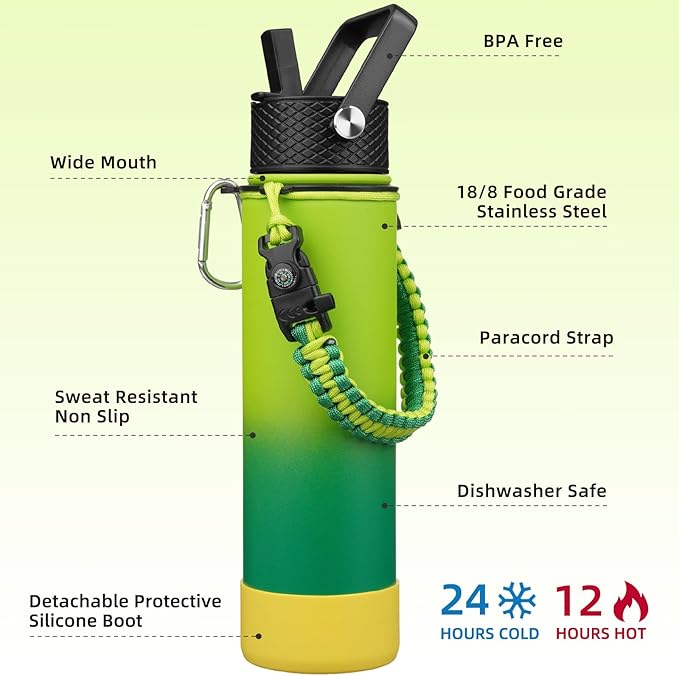 BJPKPK 27oz Insulated Water Bottles with 3 Lids, Paracord Handle & Non-slip Boot,Metal Water Bottle with Straw, BPA Free Leak Proof Thermo, Tumblers,Bamboo Grove