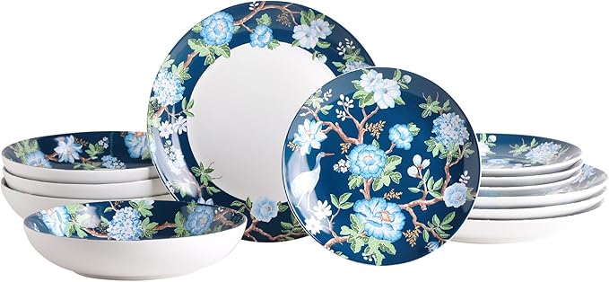 222 Fifth 12-Piece Porcelain Dinnerware Set for 4, Luxury White & Bohemian Blue Plates and Bowls Set, Glossy Ceramic Dish Set with Detailed Floral, Microwave & Dishwasher Safe Dishes, Nightingale