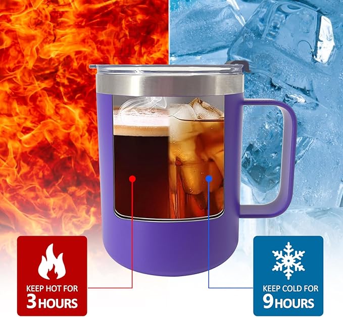 8pack 12oz Coffee Mug With Handle Bulk, Stainless Steel Insulated Travel Tumblers With,Double Wall Vacuum Camping Cup for Hot & Cold Drinks Tea (purple)