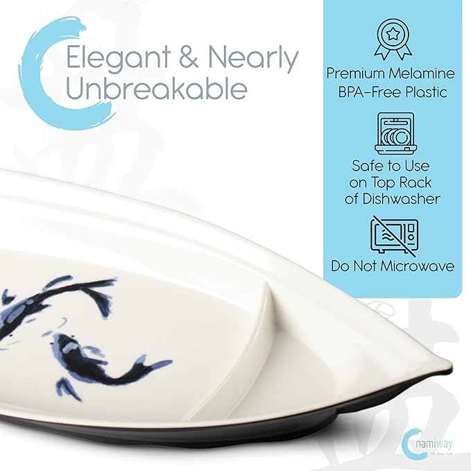 Sushi Boat Serving Tray - Set of 2 Elegant Serving Dishes - Nearly Unbreakable Melamine Plastic Plate - Top Dishwasher Safe