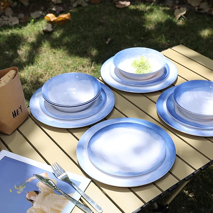 Melamine Dinnerware Sets- 12pcs Melamine Plates and Bowls Set for 4, Suitable for Indoor and Outdoor Use, Blue
