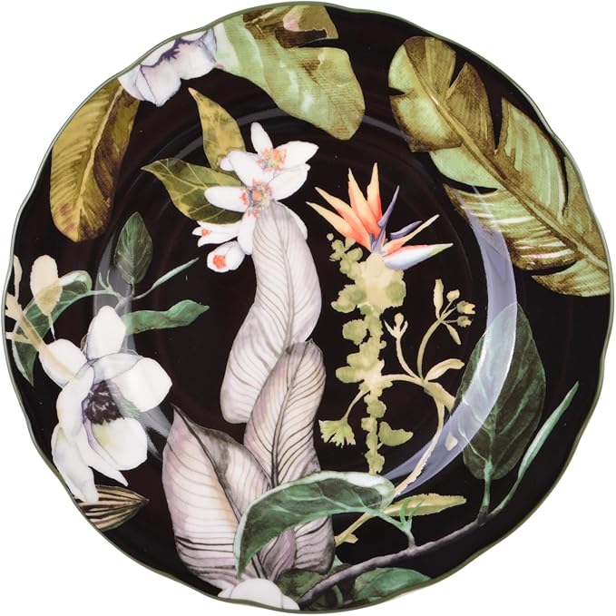 222 Fifth 12-Piece Porcelain Dinnerware Set for 4, Black & White Plates and Bowls Set with Tropical Floral Design, Glossy Ceramic Dish Set, Kitchen Tableware, Microwave & Dishwasher Safe, Borneo