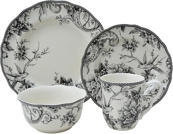 222 Fifth Adelaide 16-Piece Black Porcelain Dinnerware Set – Service for 4, Featuring Hand-Applied Romantic Woodland Bird Design, for Everyday Dining & Entertainment, Microwave & Dishwasher Safe