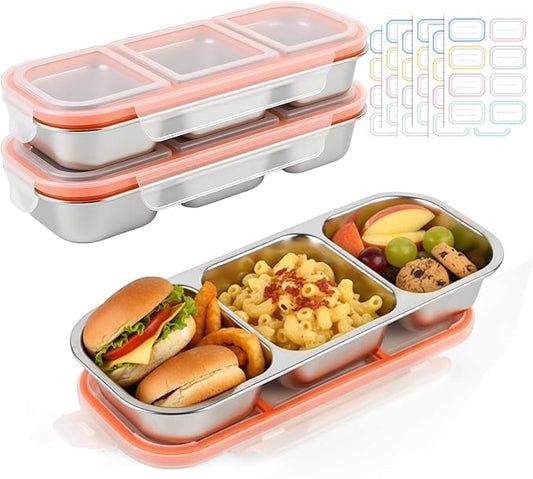 2 Pack Stainless Steel Snack Containers, 3 Compartment Snack boxes, Reusable Snack Containers with Lids for Adults - Leakproof Divided Metal Food Storage Bento Lunch Box for Work, Office, Travel
