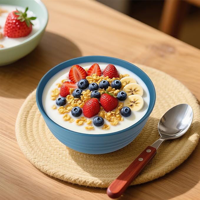 Wrova 6-piece Wheat Straw Bowls sets 26oz,Alternative Plastic Bowls Reusable for indoors and outdoors,Microwave-able and Dishwasher Safe Bowls Sets Easy to Clean.Blue Series