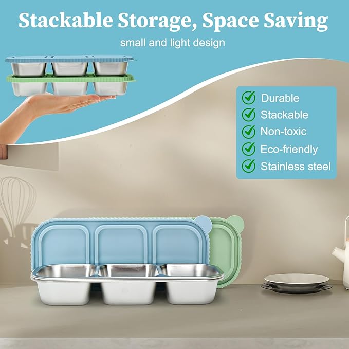 ﻿ 3 Compartment Stainless Steel Snack Containers with Silicone Lids, Reusable Food Storage Containers ，snackle box container for School ，Travel, Outdoor, Camping.
