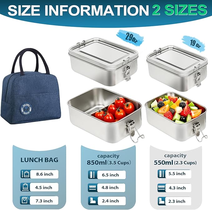 Stainless Steel Lunch Container 2 Pack 304 stainless Steel Bento Box Kids Adult(29oz/19oz),Leak Proof Stainless Steel Snack Containers With 1 Compartment and Lunch Bag
