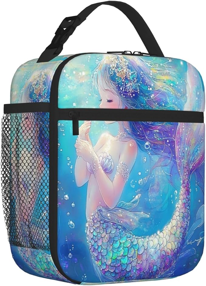 SUPLUCHOM Lunch Bag Mermaid Childish Blue Sea Insulated Bento Box Cooler with Side Pocket for Girl Boy Women Men Work School Picnic Hiking Daytrip