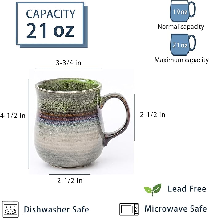 21 oz Large Ceramic Coffee Mugs, Pottery Mug Handmade, Ceramic Tea Cups with Handle for Office and Home, Dishwasher and Microwave Safe (Light Green)