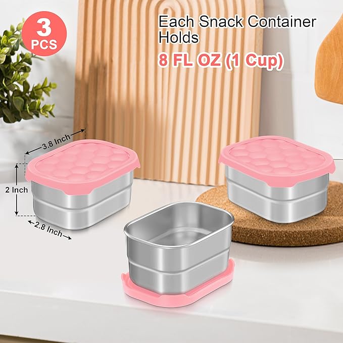TeamFar 3 PCS Stainless Steel Snack Containers, 8oz /230ml Food Container with Silicone Lid for Kids Children, Metal Toddler Lunch Bento Box, Healthy & Lightweight, Leak-proof & Portable, Pink