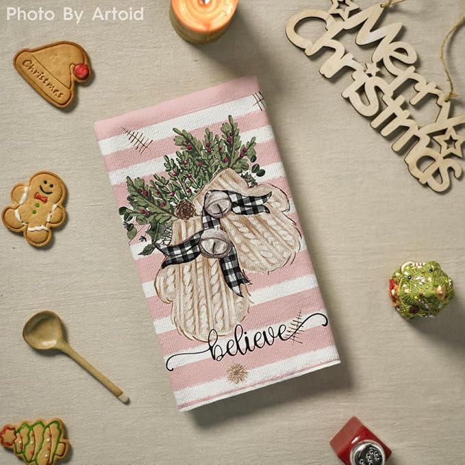 Artoid Mode Pink Xmas Tree Merry Christmas Kitchen Towels Dish Towels, 18x26 Inch Holiday Gloves Ball Hello Winter Decoration Hand Towels Set of 4