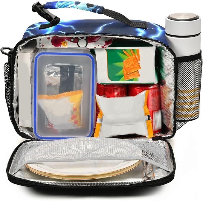 ALAZA Soccer Kids Lunch Box, Blue Lightning Lunchbox Insulated Reusable Meal Container Lunch Bag with Shoulder Strap for School Girls Boys
