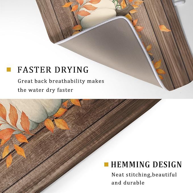 Autumn Pumpkin Dish Drying Mat Rustic Wood Dish Drainer Mats Fast Dry Microfiber Reversible Dish Drying Pad Kitchen Decoration 18x24 inch