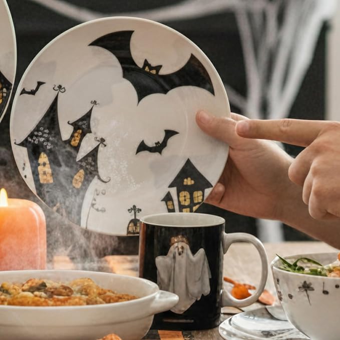 16 Pcs Halloween Dishes Dinnerware Set Serve 4 Guest Vintage Halloween Dinner Plates Ceramic Spooky Serving Dishes Haunted House Gifts Dessert Plate Bowl Mug for Holiday Kitchen Decoration