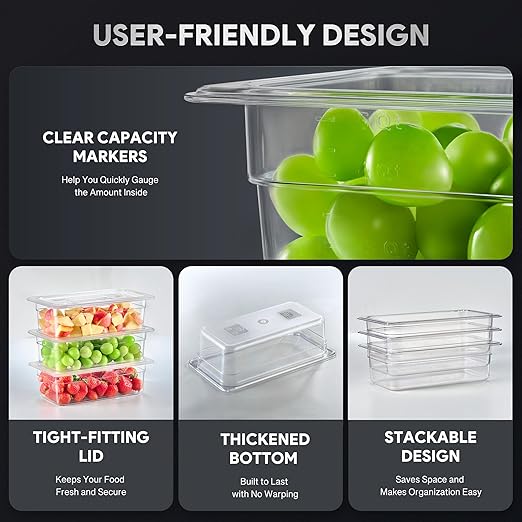 WILPREP 6 Pack Plastic Food Pans with Lids, 1/3 Size 6 in Deep Clear Food Storage Containers, 6.3 qt Stackable Polycarbonate Commercial Hotel Pans for Fruits Vegetables Beans Corns, NSF Listed