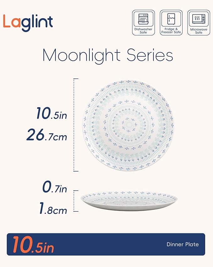 10.5 inch Dinner Plate Set of 6, Lightweight Round Opal Glass Dinnerware Plates, Dishwasher and Microwave Safe, Navy Geometric Floral Mandala Pattern