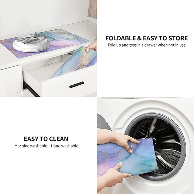 Bule Marble Dish Drying Mat for Kitchen Counter Microfiber Super Absorbent Non-Slip Dish Drying Pad for Countertops Dishes Utensils Stylish Quick-Dry Machine Washable 18x24 Inch