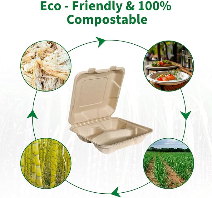 Aricsen Compostable 100 Pack 8x8 Inch 3 Compartment Takeout Lunch Box Containers with Lid To Go Take Out Clamshell for Food, Disposable Eco-Friendly Biodegradable Bagasse, PFAS-Free, Unbleached Brown