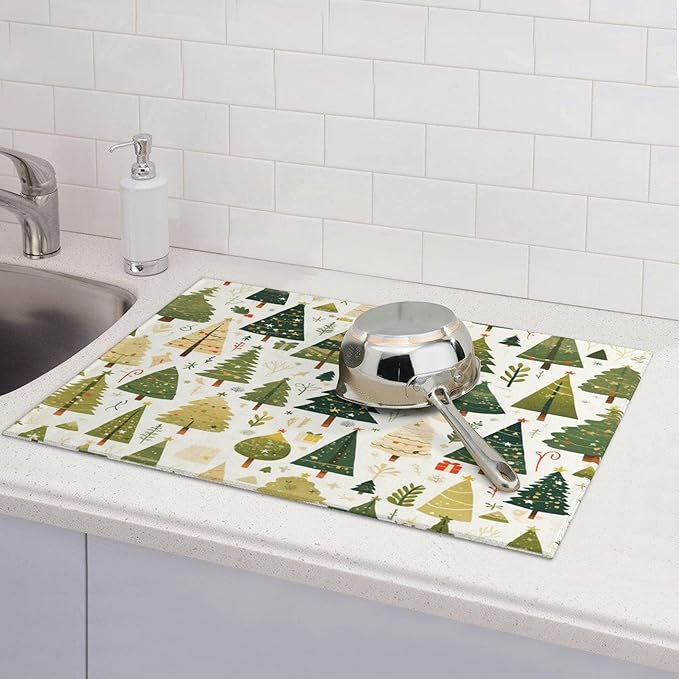 Christmas Tree Dish Drying Mat for Kitchen Counter Microfiber Super Absorbent Non-Slip Dish Drying Pad for Countertops Dishes Utensils Stylish Quick-Dry Machine Washable 18x24 Inch