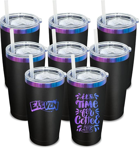 20 oz Tumbler Bulk 8 Pack Stainless Steel Tumblers with Lids and Straws, Double Wall Vacuum Insulated Travel Coffee Mug for Laser Engrave, Powder Coated Cups for Hot and Cold Drinks (Black,8 pack)
