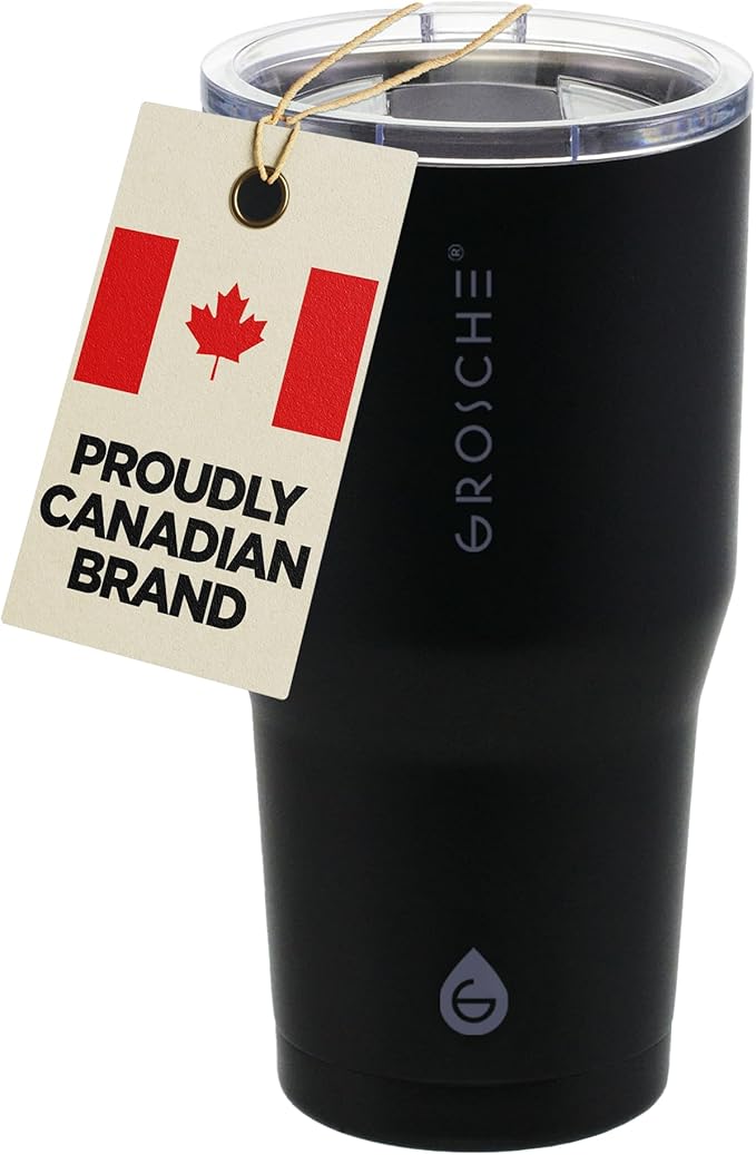 GROSCHE Yukon 20 oz Insulated Coffee Mug with Lid - Durable Travel Mug, Stainless Steel Tumblers, Vacuum Insulated Coffee Tumbler for Hot or Cold Beverages - BLACK