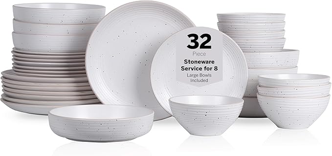 Stone Lain Lauren Modern Stoneware 32-piece Round Dinnerware Set, Plates and Bowls Set, Dish set for 8, Off White